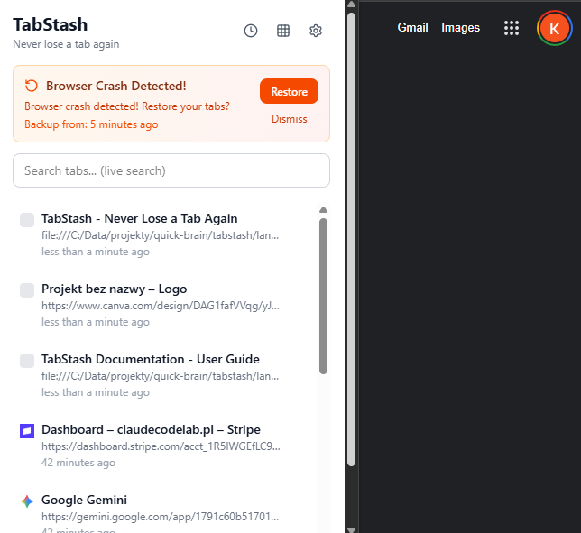 TabStash Panic Restore - Crash Recovery in Action